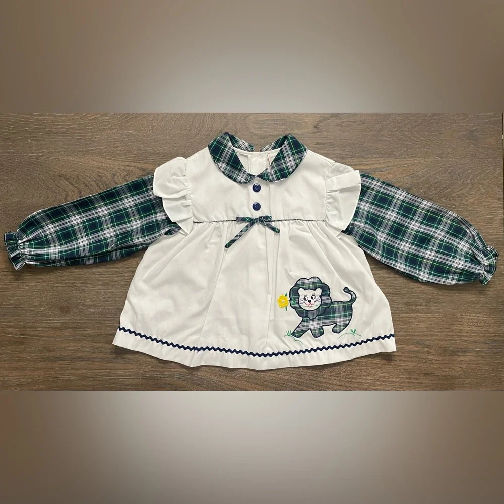 80’s Toddler Two-Piece Outfit with Green Plaid Lion Appliqué